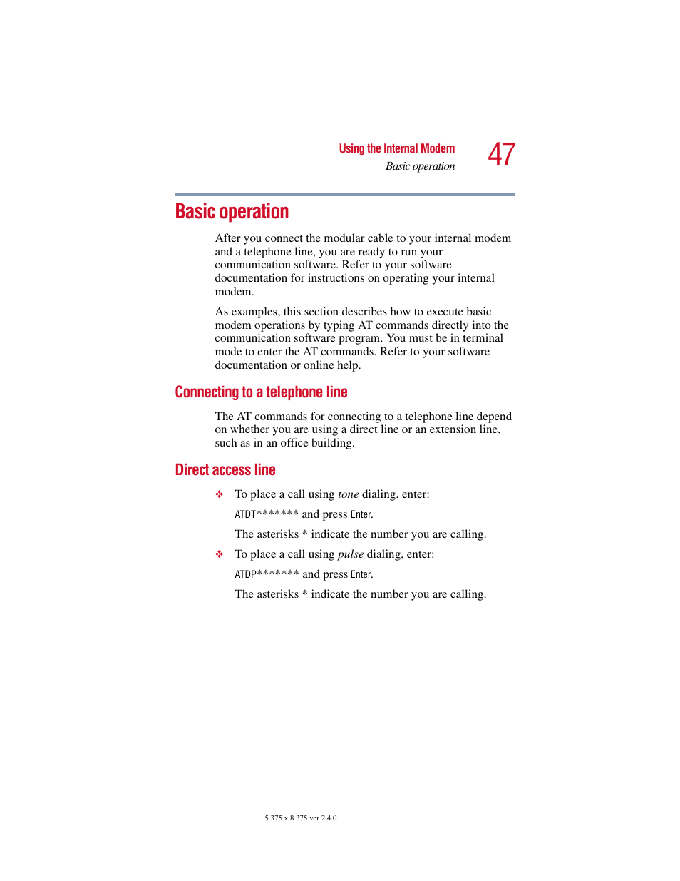 Basic operation, Connecting to a telephone line, Direct access line | Connecting to a telephone line direct access line | Toshiba V.92 User Manual | Page 47 / 120