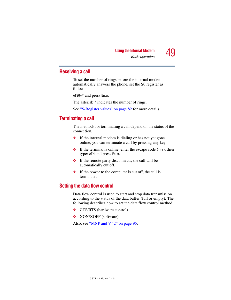 Receiving a call, Terminating a call, Setting the data flow control | Toshiba V.92 User Manual | Page 49 / 120