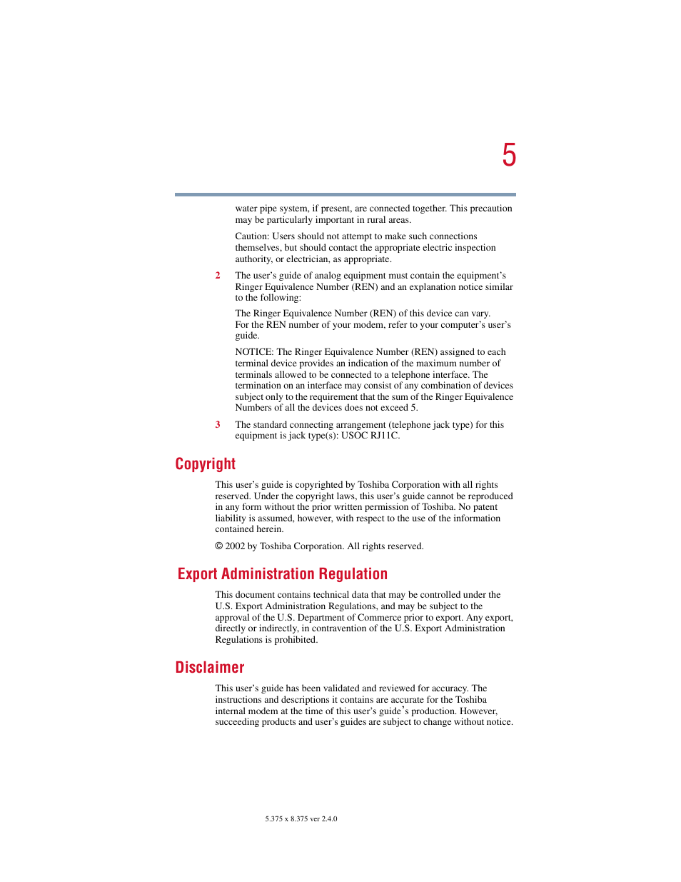 Copyright, Export administration regulation, Disclaimer | Toshiba V.92 User Manual | Page 5 / 120