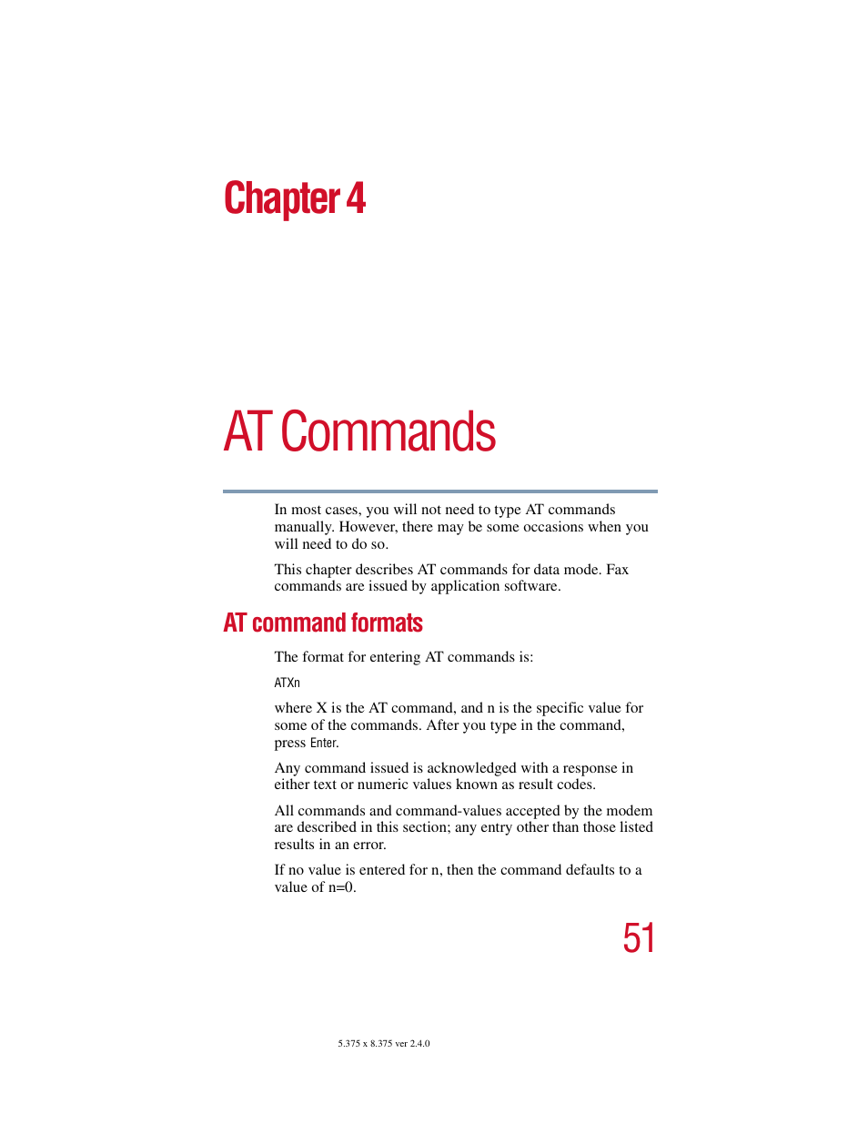 Chapter 4: at commands, At command formats, At commands | Chapter 4 | Toshiba V.92 User Manual | Page 51 / 120