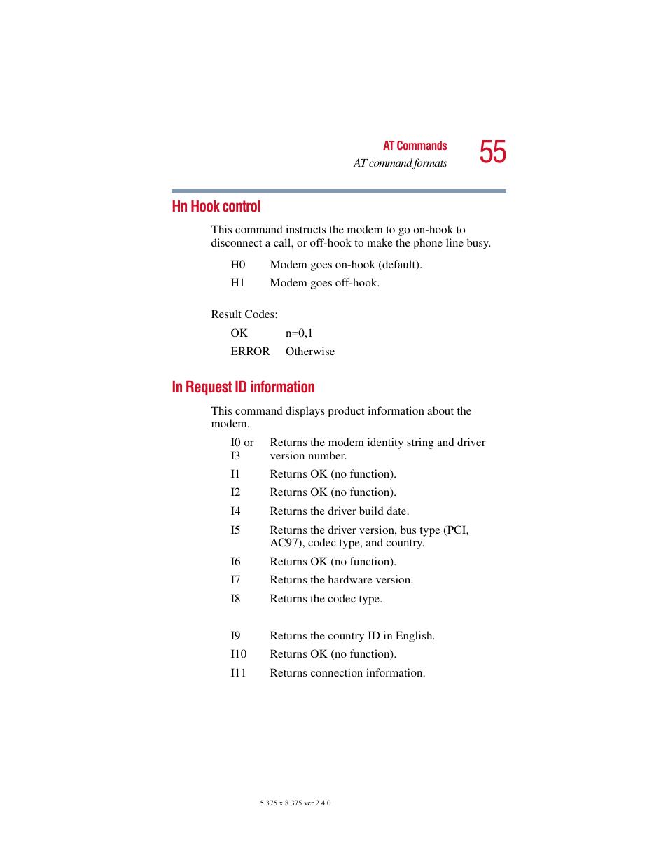 Hn hook control, In request id information, Hn hook control in request id information | Toshiba V.92 User Manual | Page 55 / 120