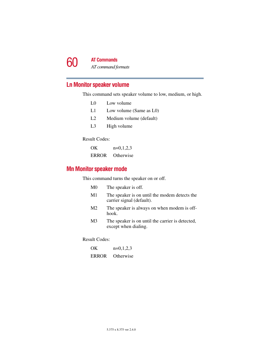 Ln monitor speaker volume, Mn monitor speaker mode, Ln monitor speaker volume mn monitor speaker mode | Toshiba V.92 User Manual | Page 60 / 120