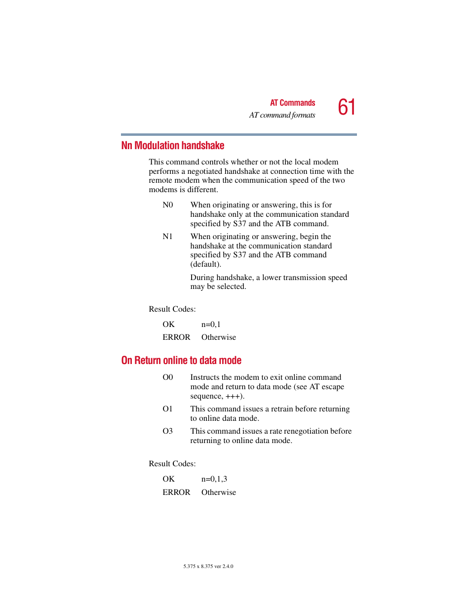 Nn modulation handshake, On return online to data mode | Toshiba V.92 User Manual | Page 61 / 120
