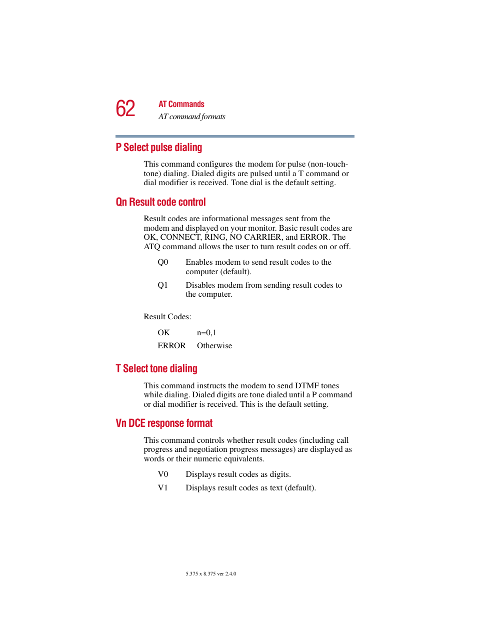 P select pulse dialing, Qn result code control, T select tone dialing | Vn dce response format | Toshiba V.92 User Manual | Page 62 / 120