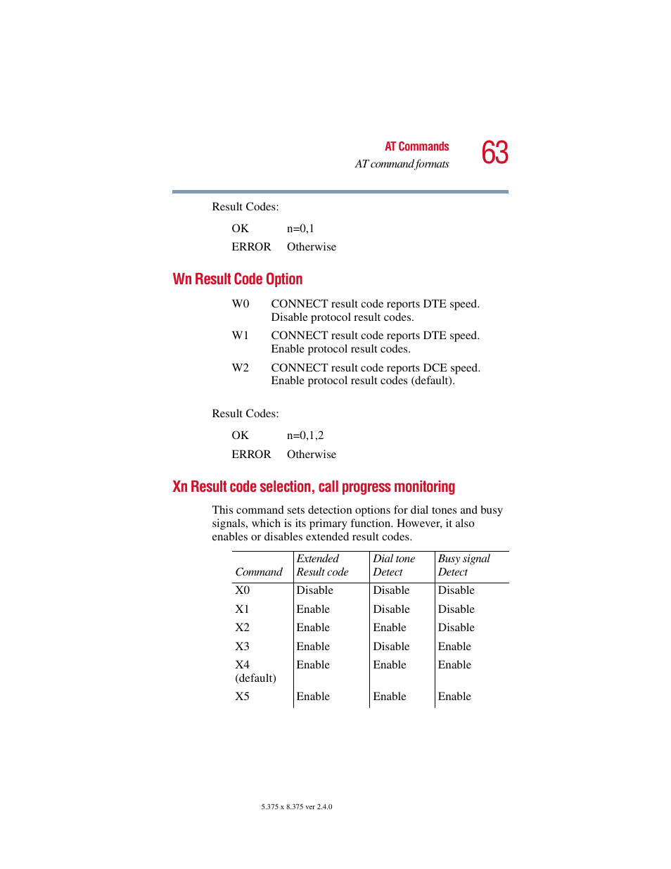 Wn result code option, Xn result code selection, call progress monitoring, Xn result code selection, call progress | Monitoring | Toshiba V.92 User Manual | Page 63 / 120