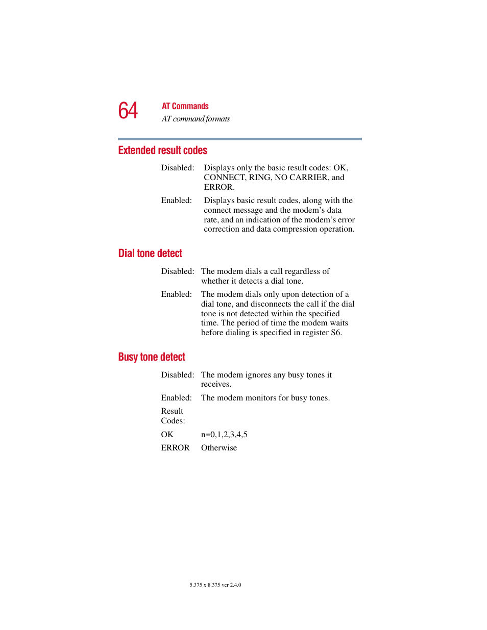 Extended result codes, Dial tone detect, Busy tone detect | Toshiba V.92 User Manual | Page 64 / 120