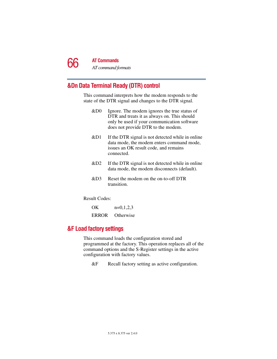 Dn data terminal ready (dtr) control, F load factory settings | Toshiba V.92 User Manual | Page 66 / 120
