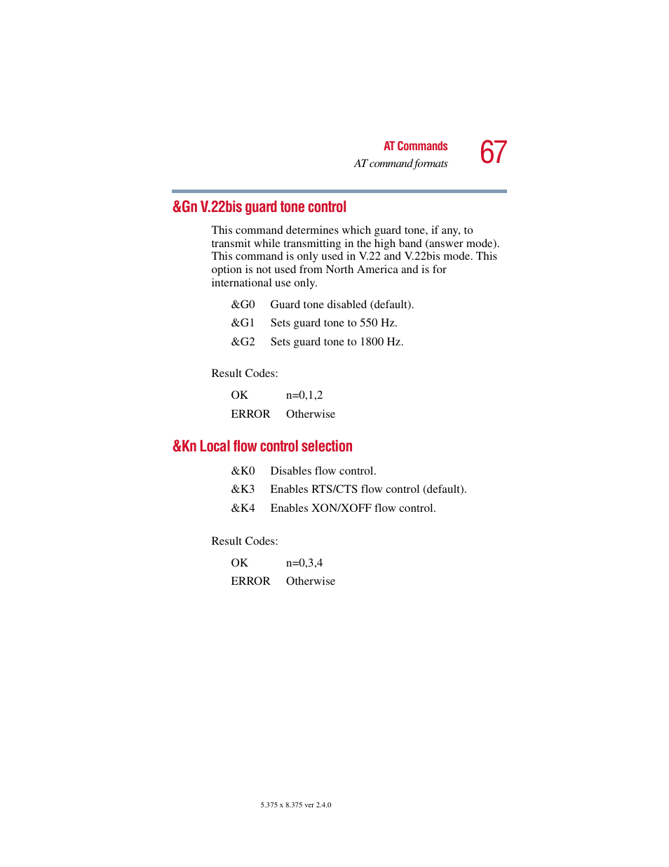 Gn v.22bis guard tone control, Kn local flow control selection | Toshiba V.92 User Manual | Page 67 / 120