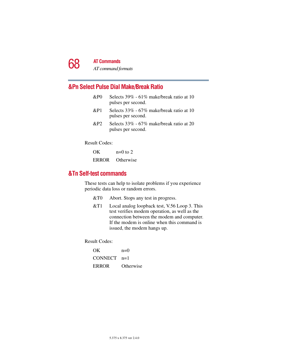 Pn select pulse dial make/break ratio, Tn self-test commands | Toshiba V.92 User Manual | Page 68 / 120
