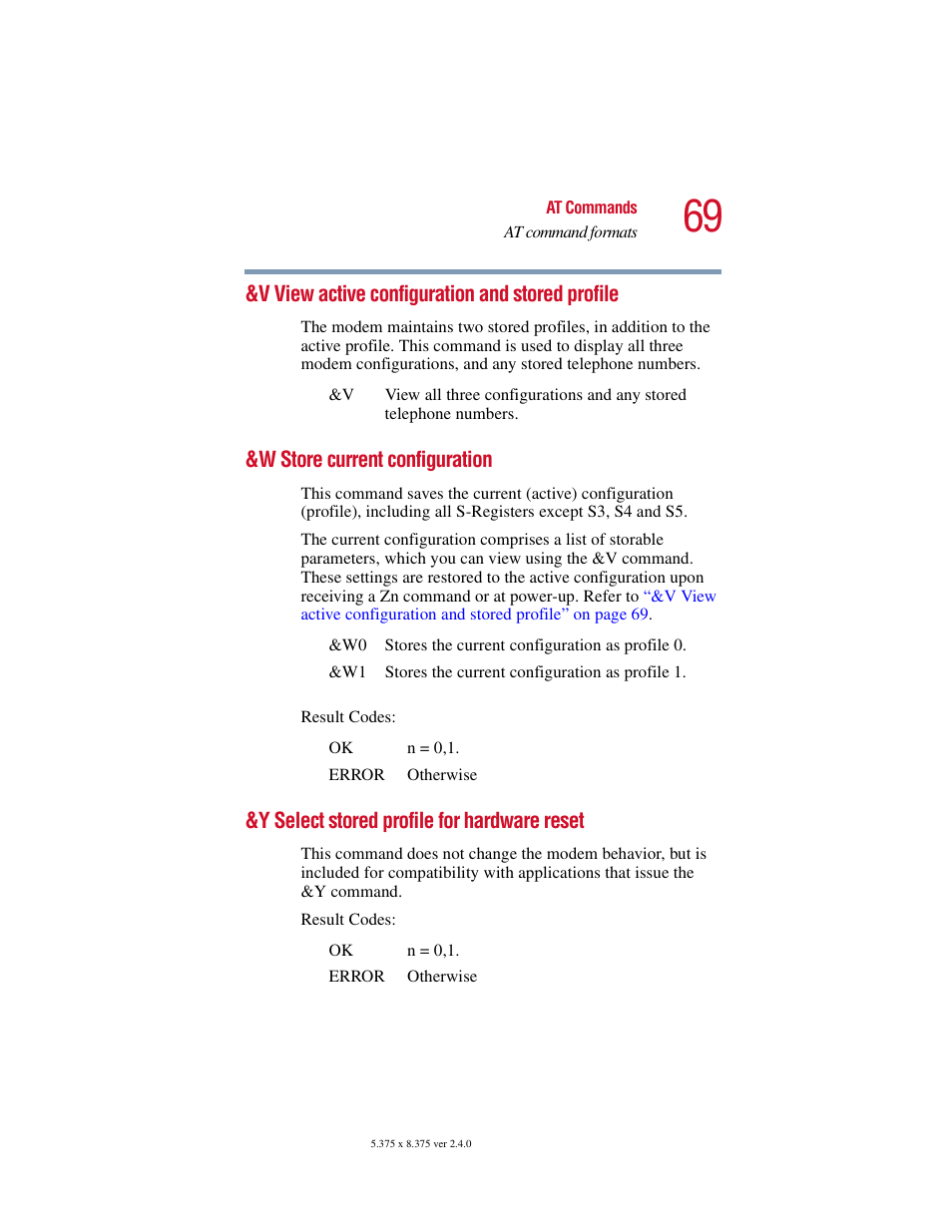 V view active configuration and stored profile, W store current configuration, Y select stored profile for hardware reset | V view active configuration and stored, Profile | Toshiba V.92 User Manual | Page 69 / 120