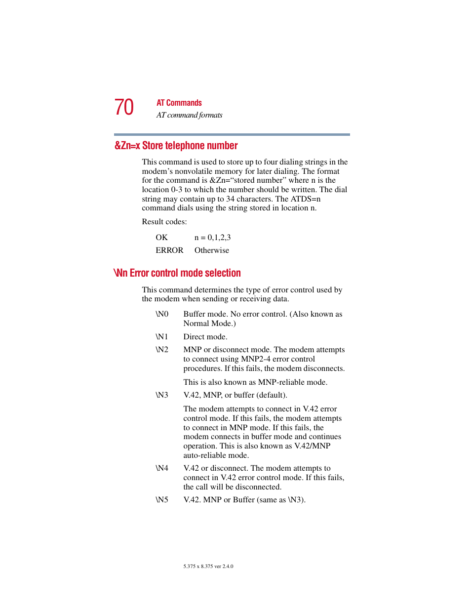 Zn=x store telephone number, Nn error control mode selection | Toshiba V.92 User Manual | Page 70 / 120