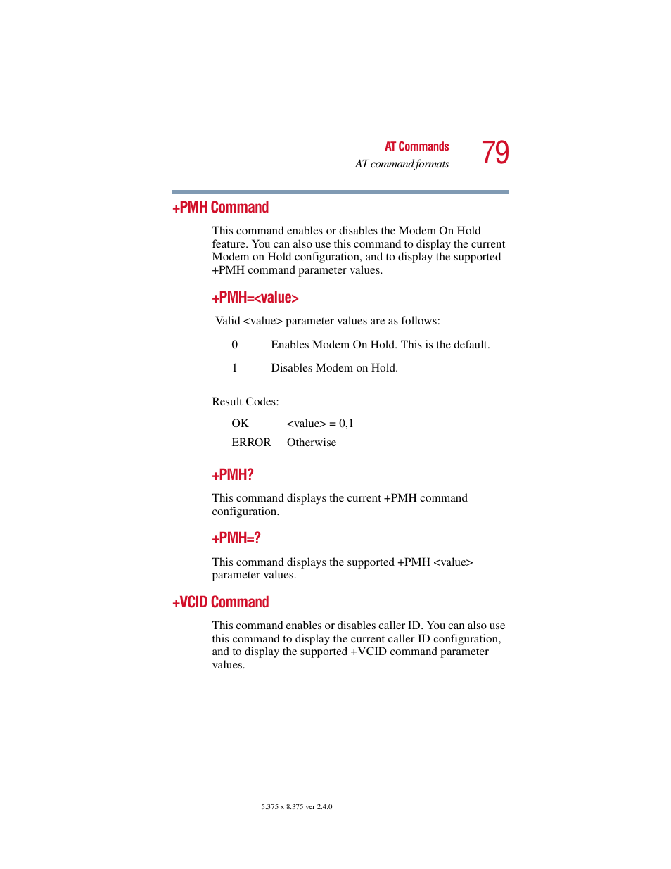 Pmh command, Vcid command, Pmh command +vcid command | Toshiba V.92 User Manual | Page 79 / 120