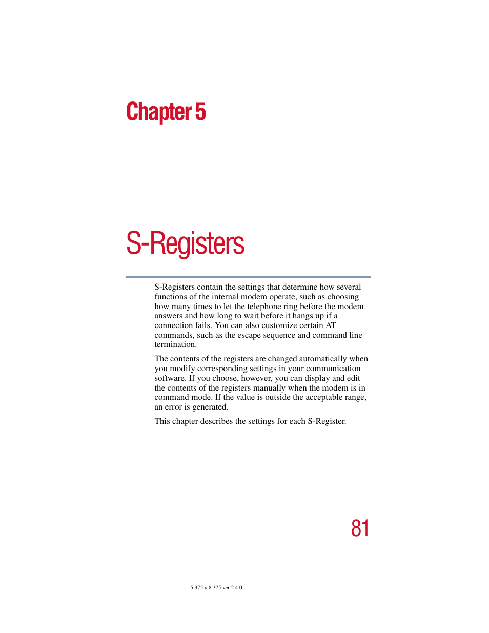 Chapter 5: s-registers, S-registers, Chapter 5 | Toshiba V.92 User Manual | Page 81 / 120