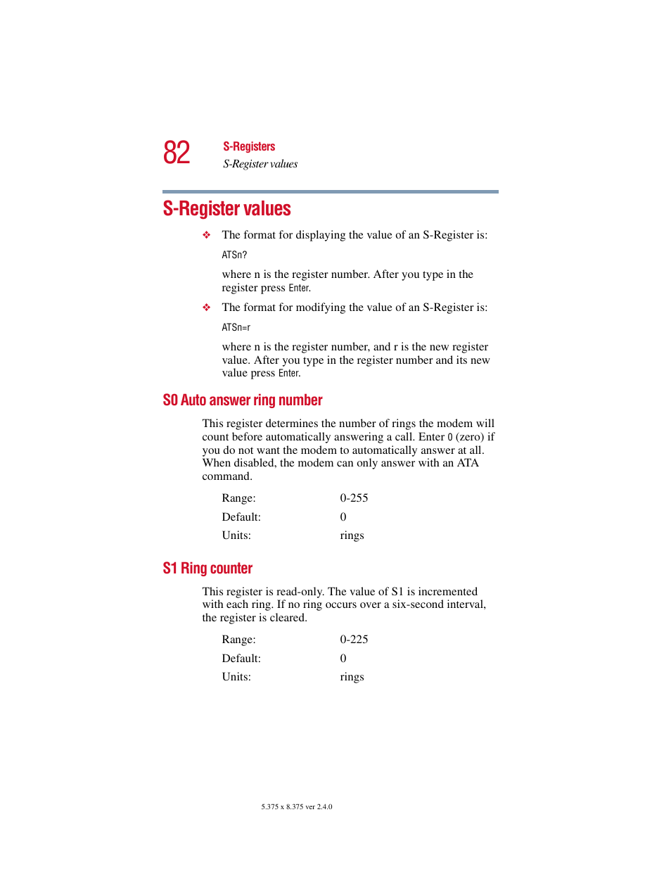 S-register values, S0 auto answer ring number, S1 ring counter | S0 auto answer ring number s1 ring counter | Toshiba V.92 User Manual | Page 82 / 120