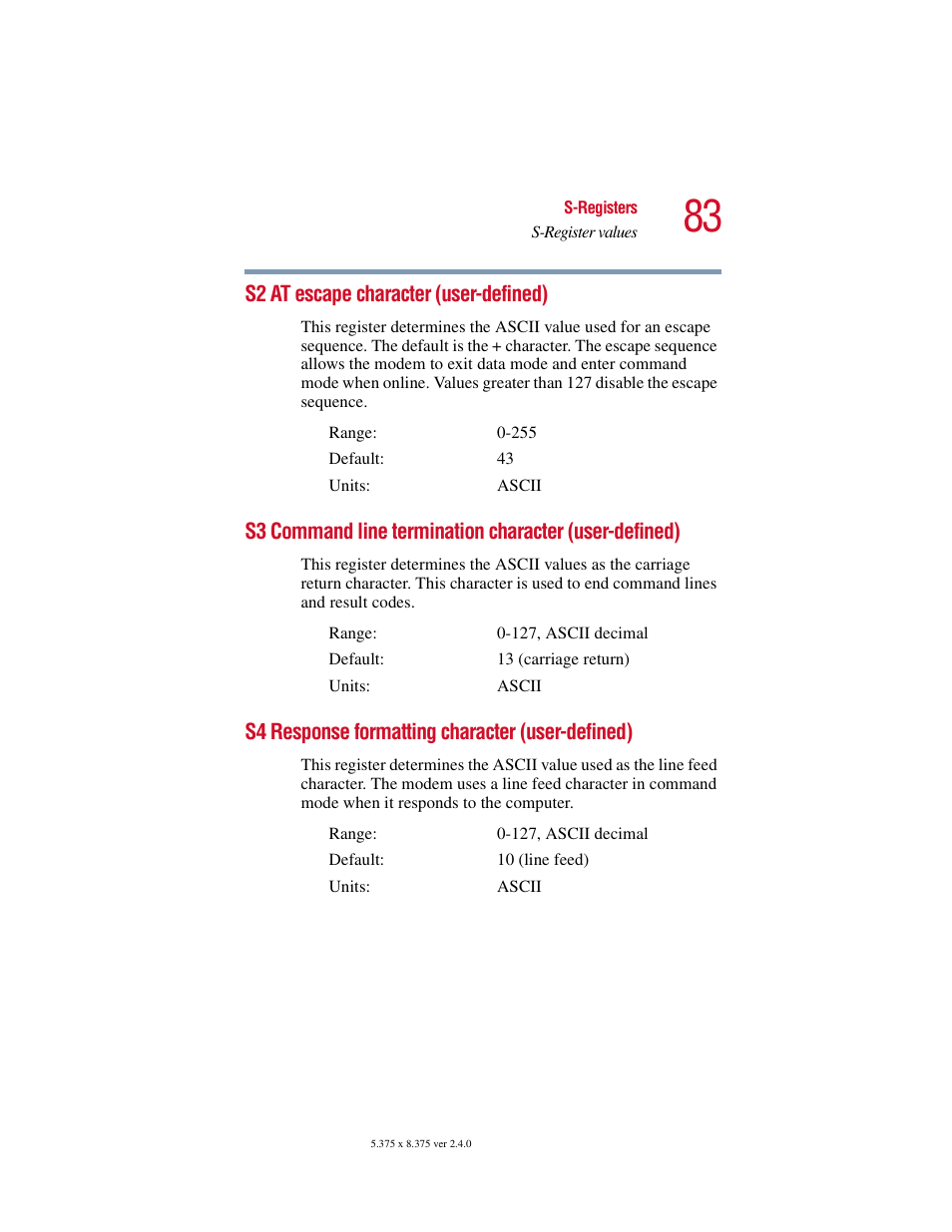 S2 at escape character (user-defined), S4 response formatting character (user-defined), User-defined) | S4 response formatting character | Toshiba V.92 User Manual | Page 83 / 120