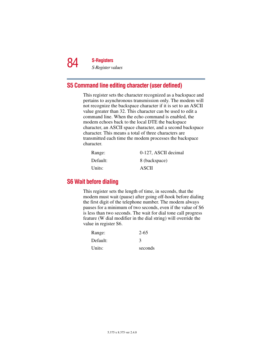 S5 command line editing character (user defined), S6 wait before dialing, S5 command line editing character | User defined) | Toshiba V.92 User Manual | Page 84 / 120