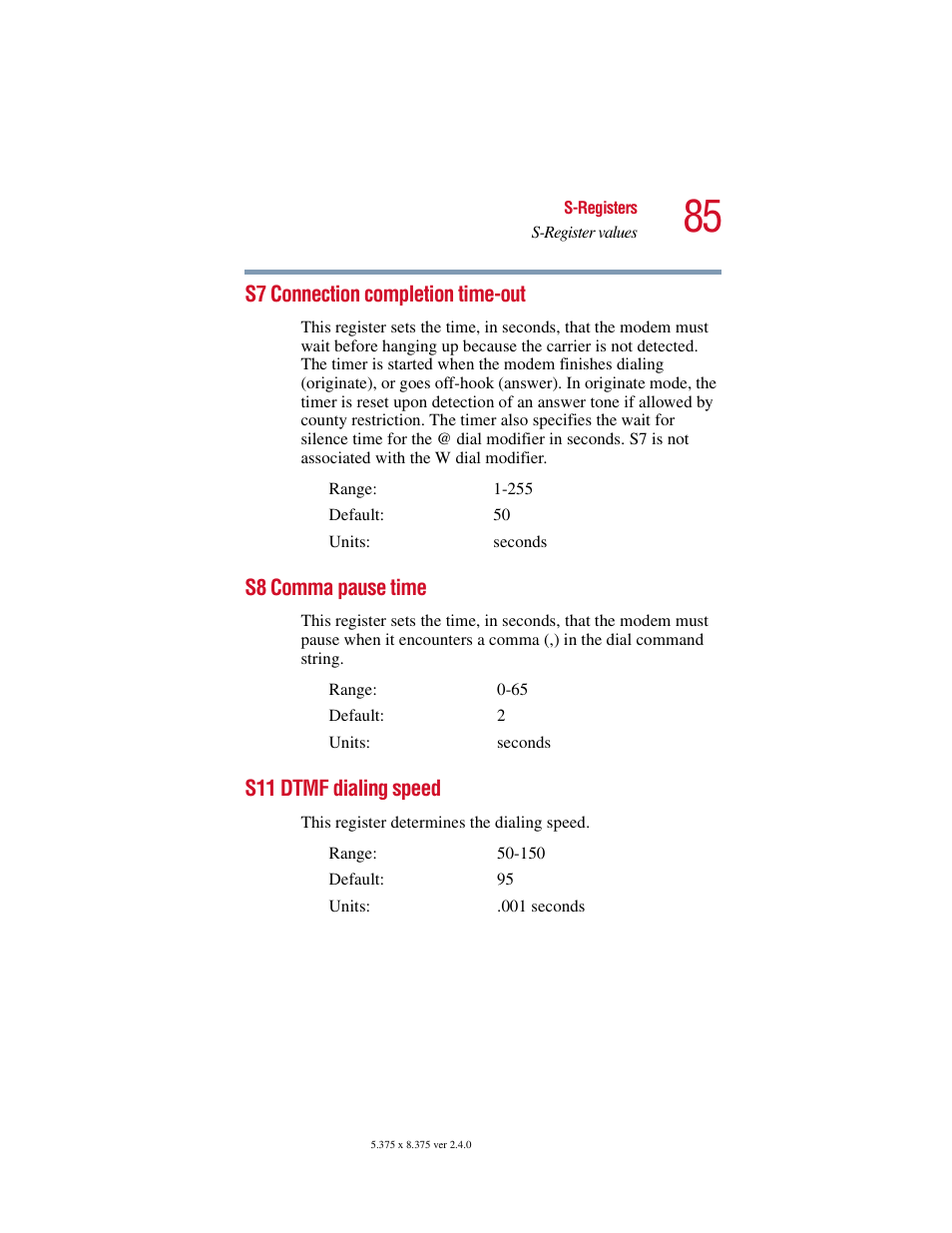 S7 connection completion time-out, S8 comma pause time, S11 dtmf dialing speed | Toshiba V.92 User Manual | Page 85 / 120