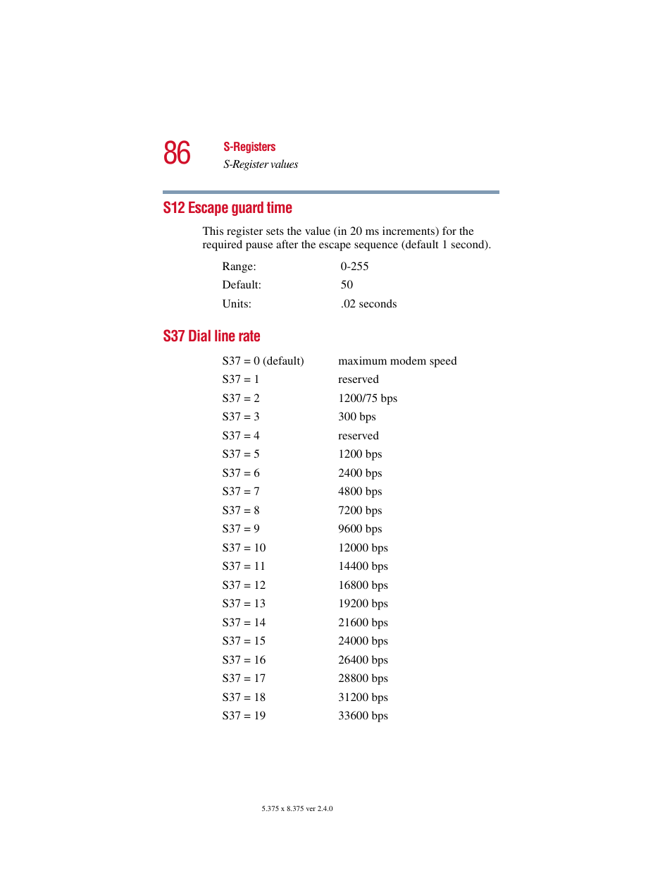 S12 escape guard time, S37 dial line rate, S12 escape guard time s37 dial line rate | Toshiba V.92 User Manual | Page 86 / 120