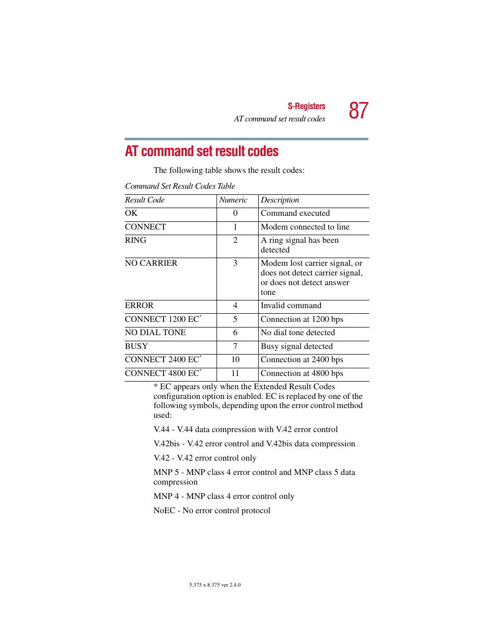 At command set result codes | Toshiba V.92 User Manual | Page 87 / 120