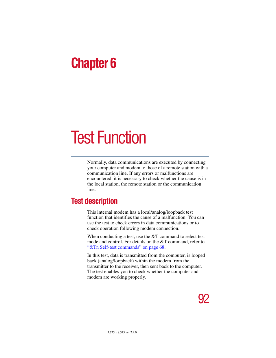 Chapter 6: test function, Test description, Test function | Chapter 6 | Toshiba V.92 User Manual | Page 92 / 120