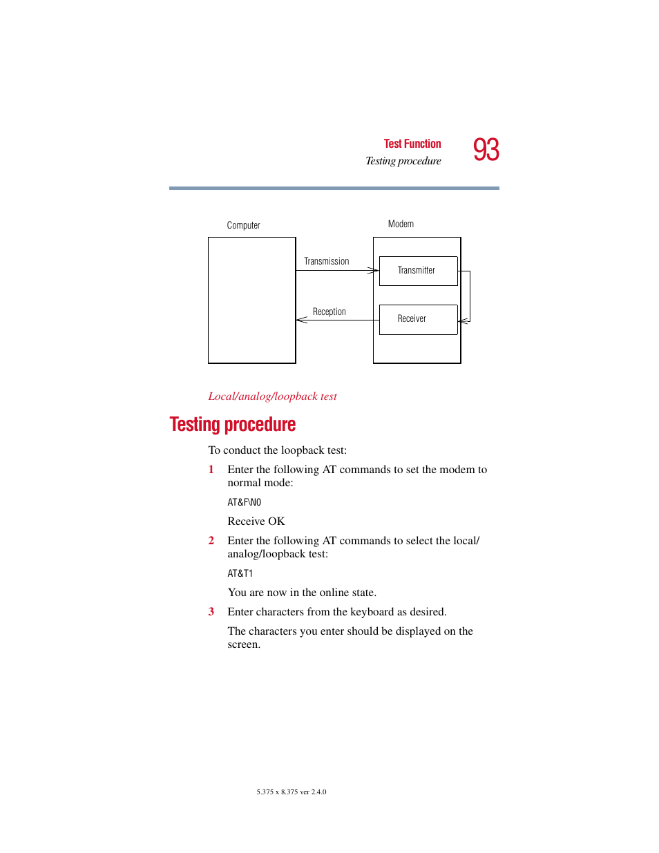 Testing procedure | Toshiba V.92 User Manual | Page 93 / 120