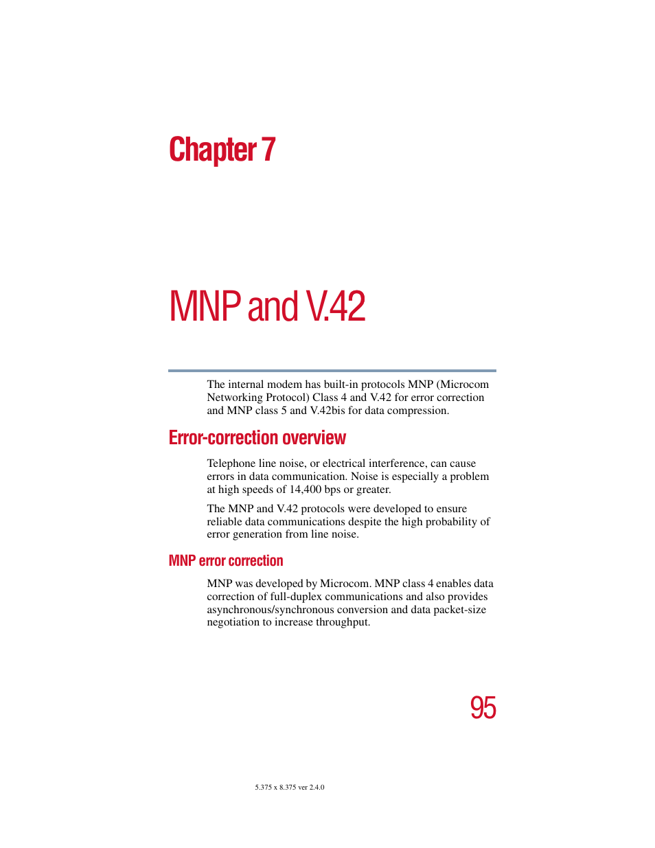 Chapter 7: mnp and v.42, Error-correction overview, Mnp error correction | Mnp and v.42 2, Chapter 7 | Toshiba V.92 User Manual | Page 95 / 120