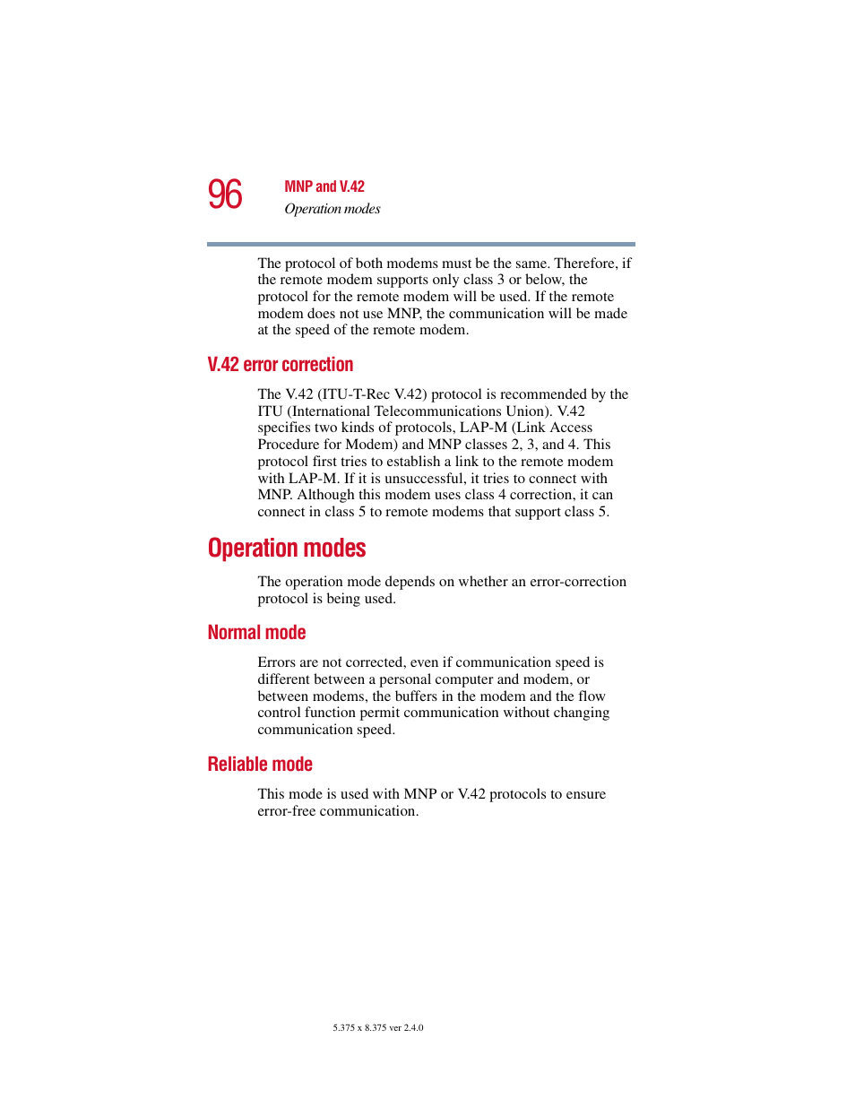 V.42 error correction, Operation modes, Normal mode | Reliable mode, Normal mode reliable mode | Toshiba V.92 User Manual | Page 96 / 120