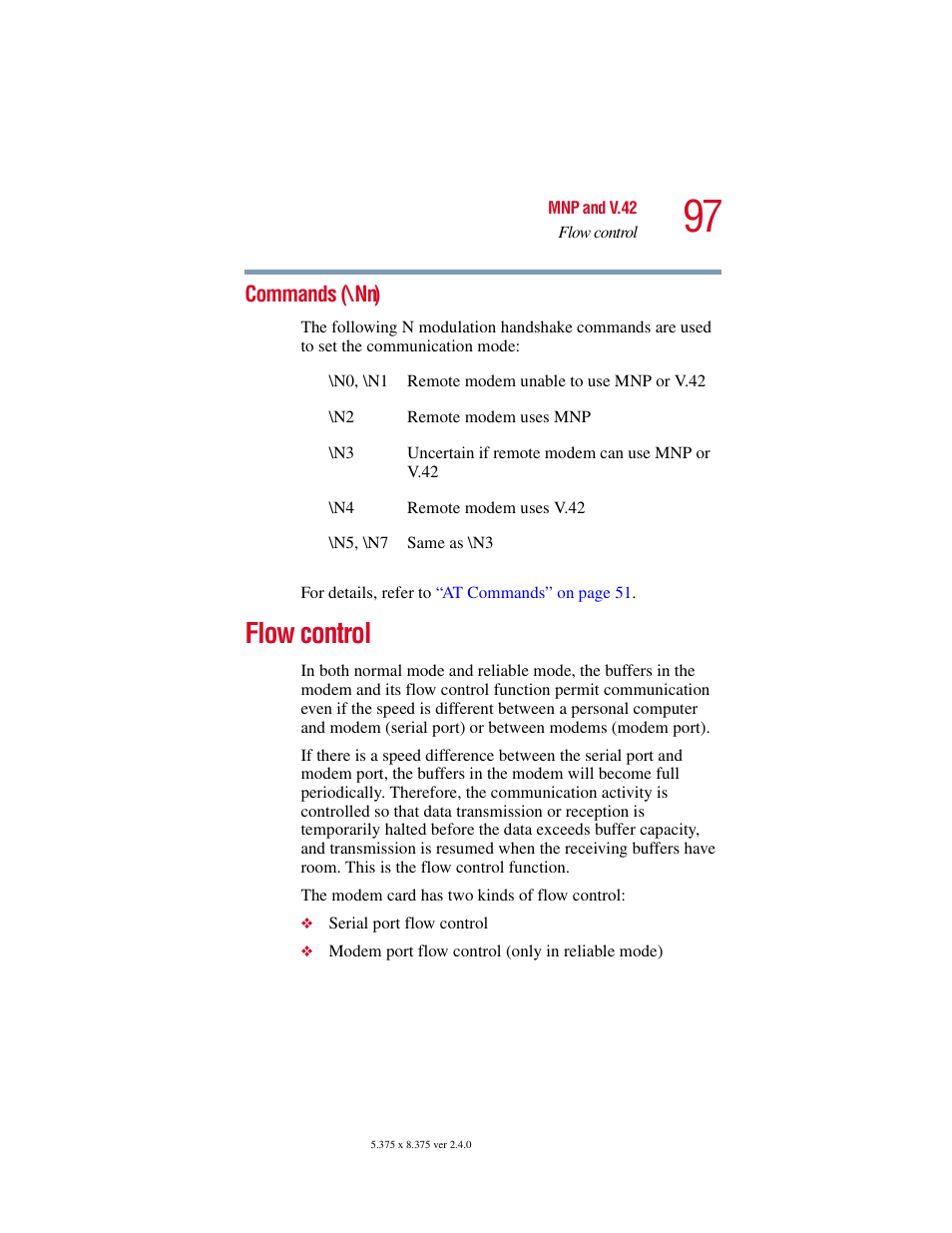 Commands (\nn), Flow control | Toshiba V.92 User Manual | Page 97 / 120