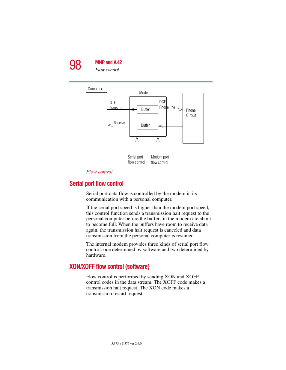 Serial port flow control, Xon/xoff flow control (software) | Toshiba V.92 User Manual | Page 98 / 120