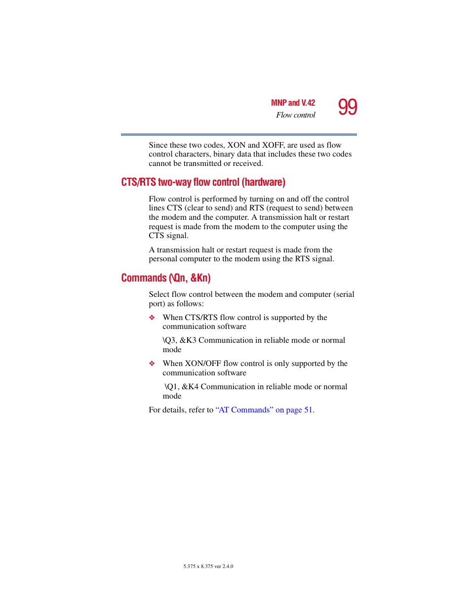 Cts/rts two-way flow control (hardware), Commands (\qn, &kn) | Toshiba V.92 User Manual | Page 99 / 120