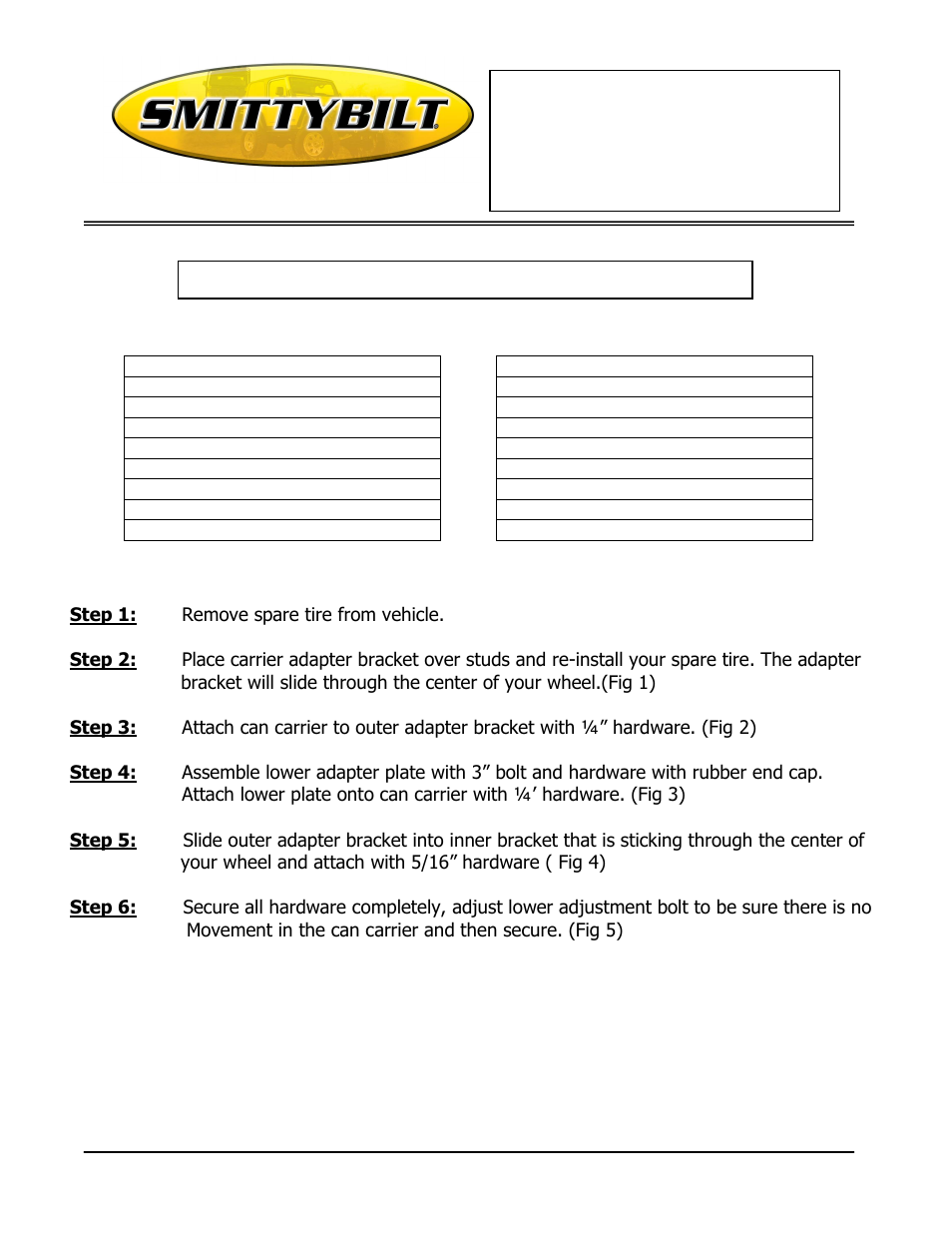 Smittybilt D8139 Gerry Can Spare tire Mount Adapter User Manual | 3 pages