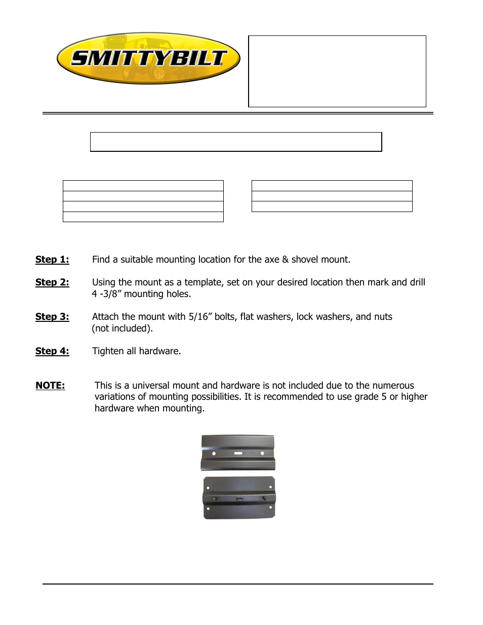 Smittybilt D8005 Axe & Shovel User Manual | 2 pages