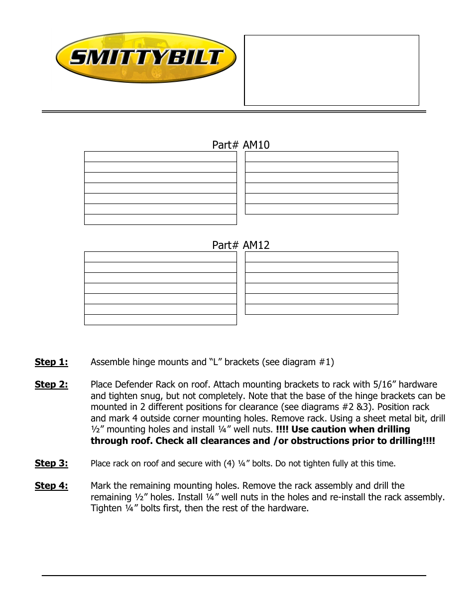 Installation instructions, Defender rack adjust-a-mount application-universal | Smittybilt AM12 Defender Rack Adjust-A-Mount User Manual | Page 2 / 5