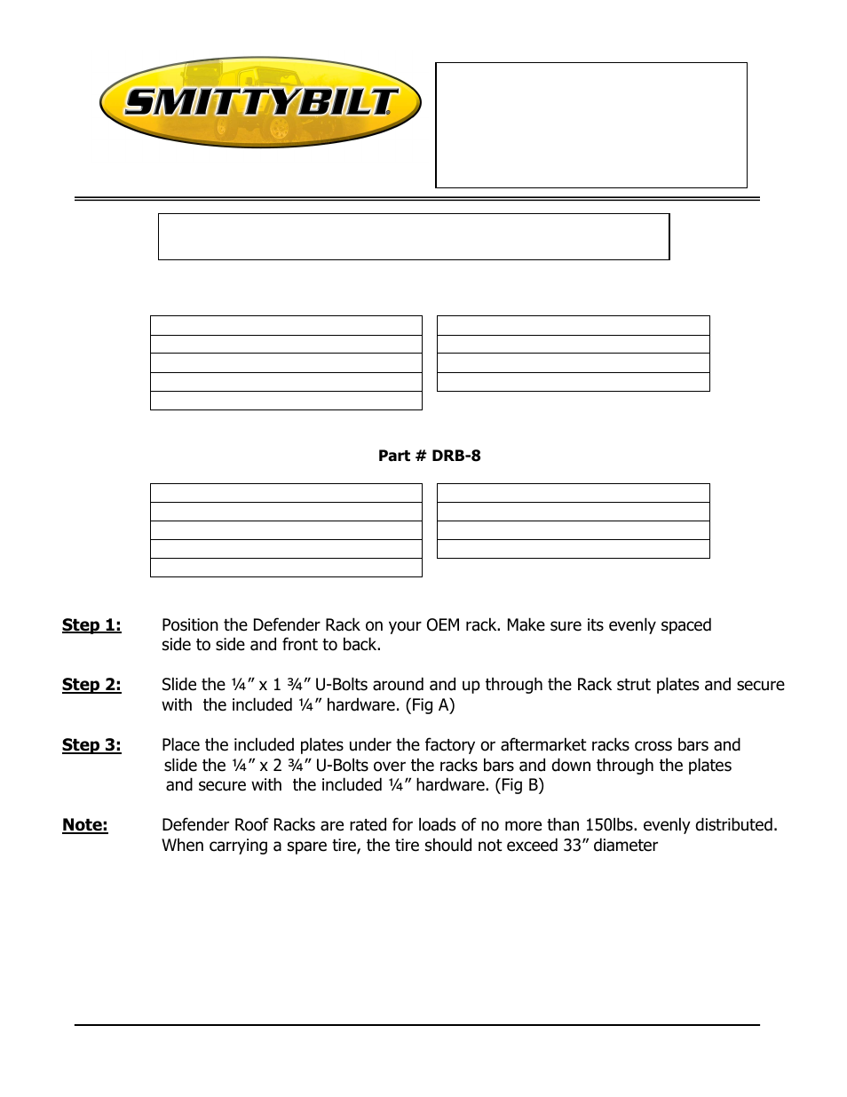 Smittybilt DRB-8 Defender Rack Bracket User Manual | 2 pages