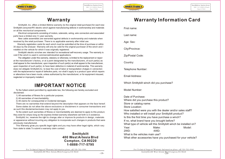Т³гж 10, Warranty, Important notice | Warranty information card | Smittybilt 97203 XRC 3.0 3,0001b Winch User Manual | Page 10 / 10