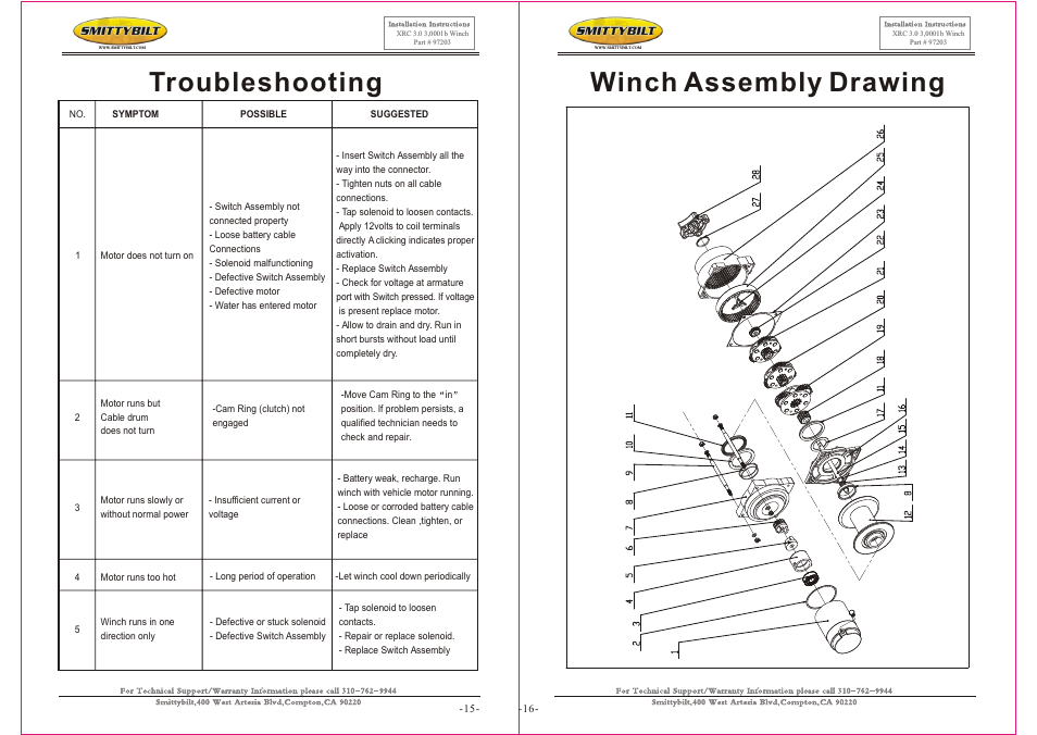 Т³гж 8, Troubleshooting, Winch assembly drawing | Smittybilt 97203 XRC 3.0 3,0001b Winch User Manual | Page 8 / 10