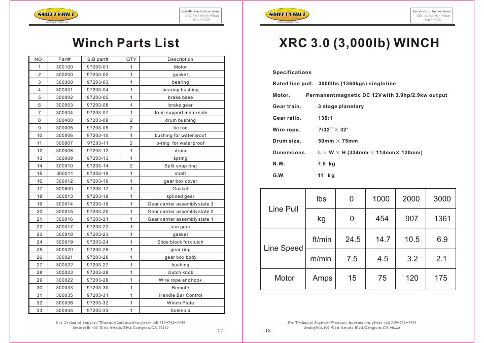 Т³гж 9, Winch parts list | Smittybilt 97203 XRC 3.0 3,0001b Winch User Manual | Page 9 / 10