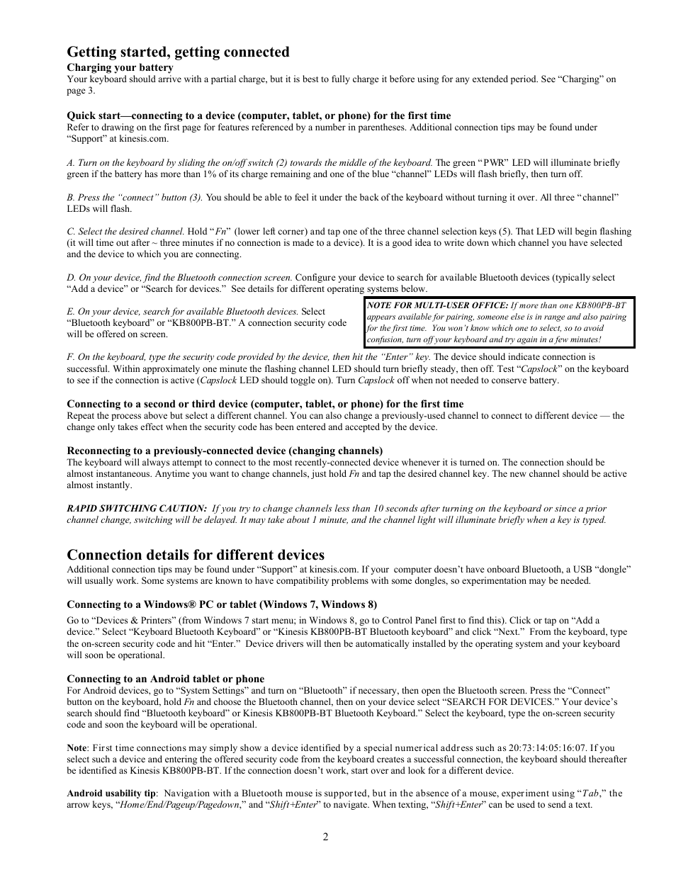 Getting started, getting connected, Connection details for different devices | Kinesis KB800PB-BT Freestyle2 Blue, Multichannel Bluetooth Keyboard for PC User Manual | Page 2 / 4