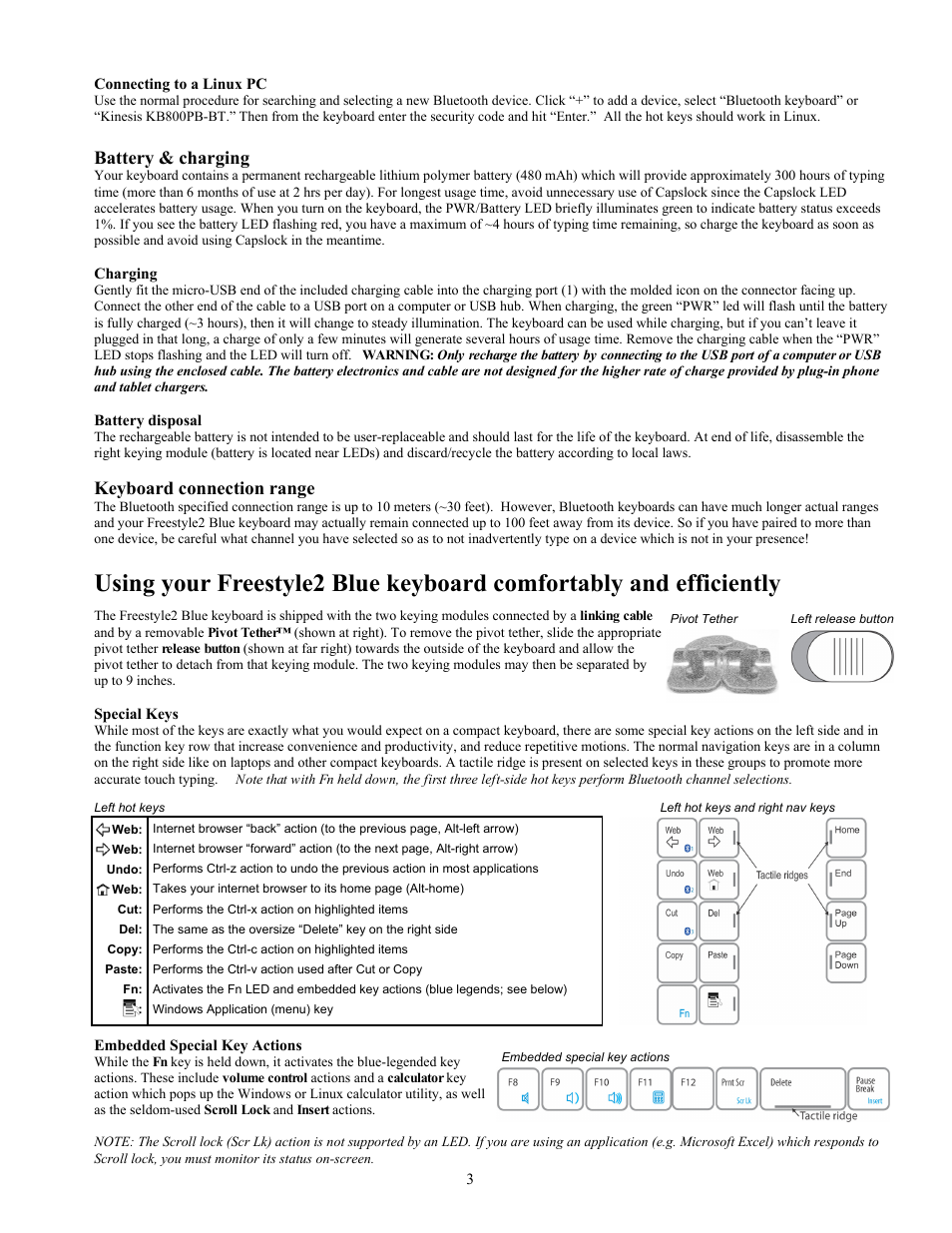 Battery & charging, Keyboard connection range | Kinesis KB800PB-BT Freestyle2 Blue, Multichannel Bluetooth Keyboard for PC User Manual | Page 3 / 4