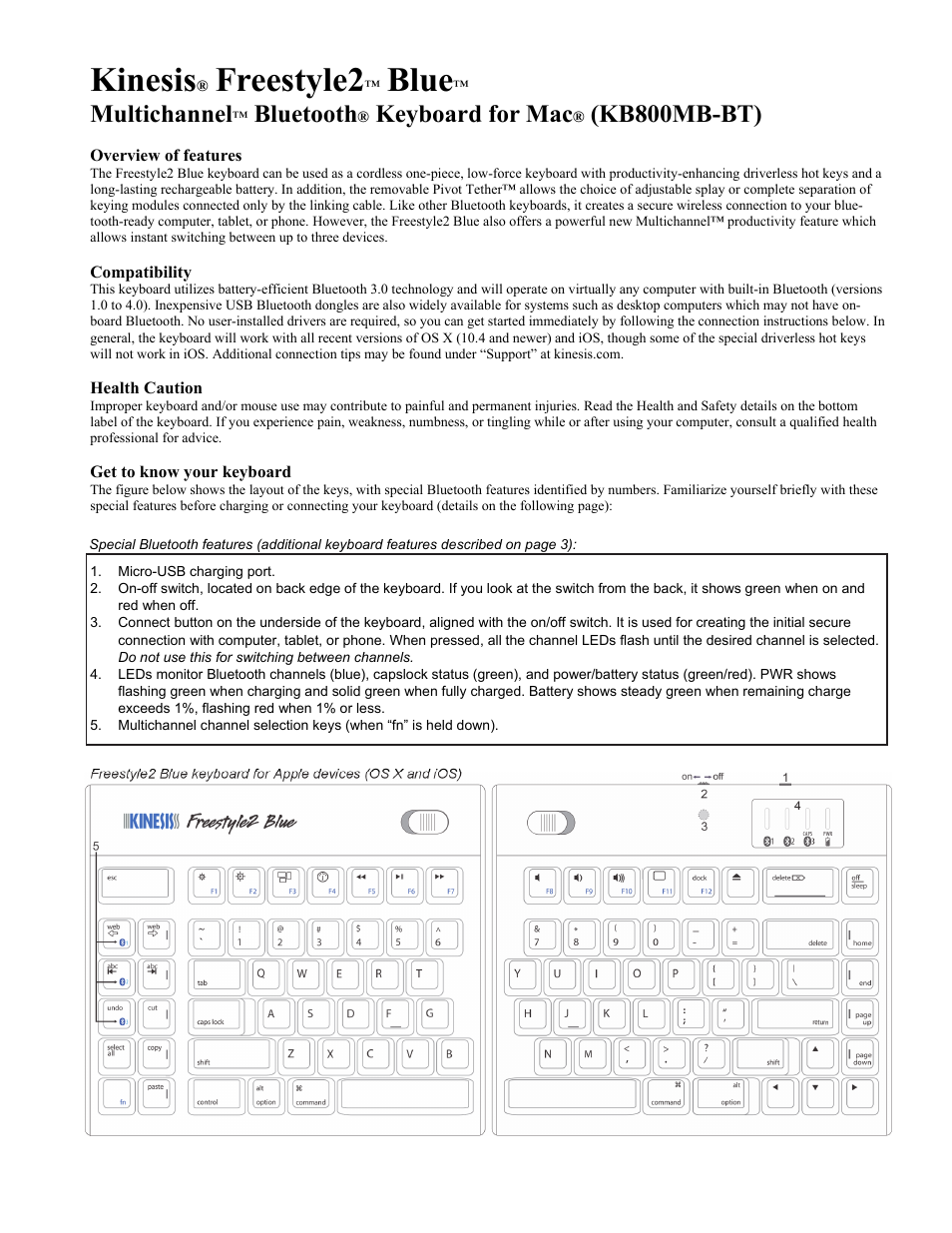 Kinesis KB800MB-BT Freestyle2 Blue, Multichannel Bluetooth Keyboard for Mac User Manual | 4 pages