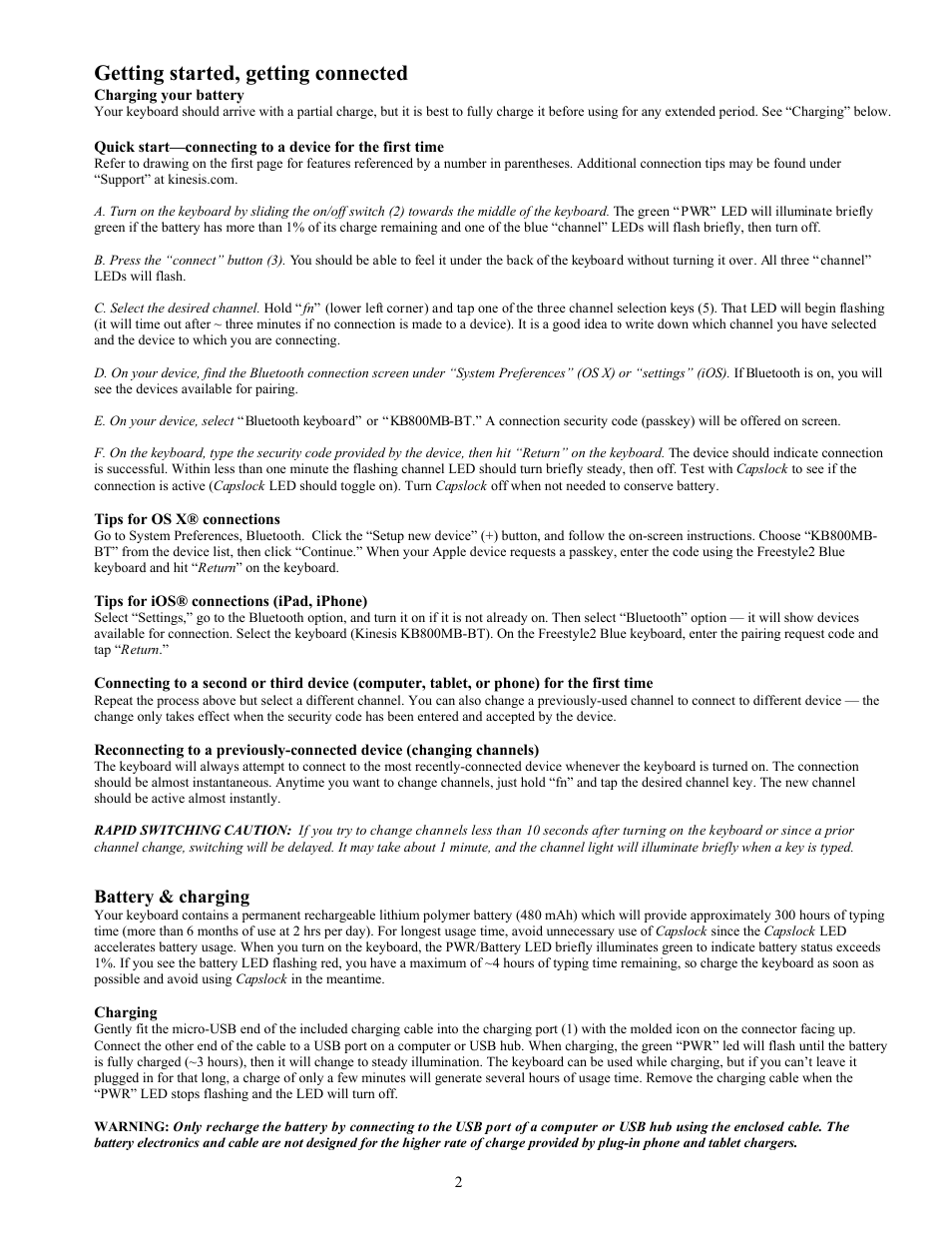 Getting started, getting connected | Kinesis KB800MB-BT Freestyle2 Blue, Multichannel Bluetooth Keyboard for Mac User Manual | Page 2 / 4