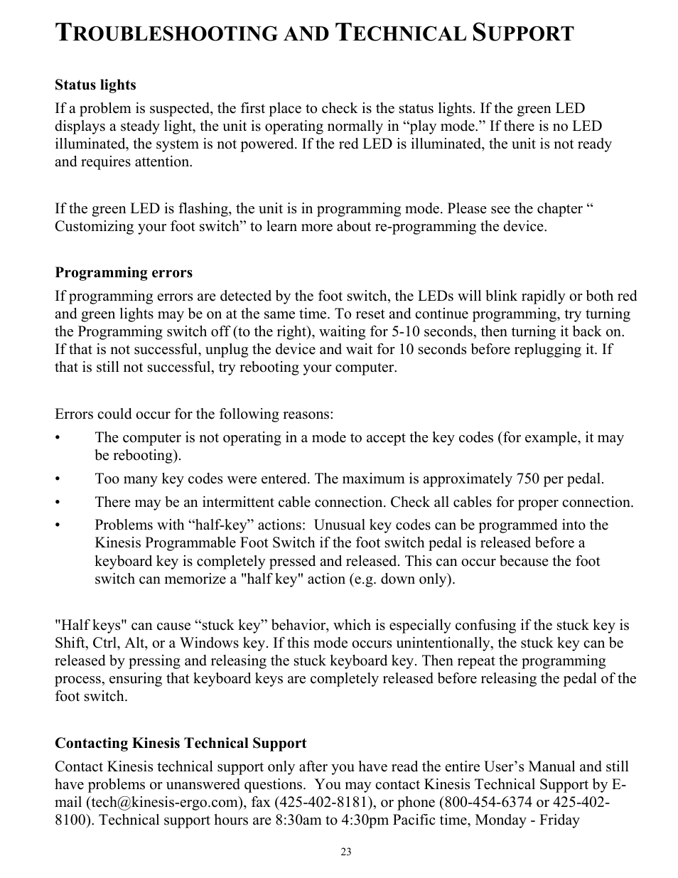 Roubleshooting and, Echnical, Upport | Kinesis FSMJ4 Savant Elite Programmable Foot Pedal User Manual | Page 23 / 28