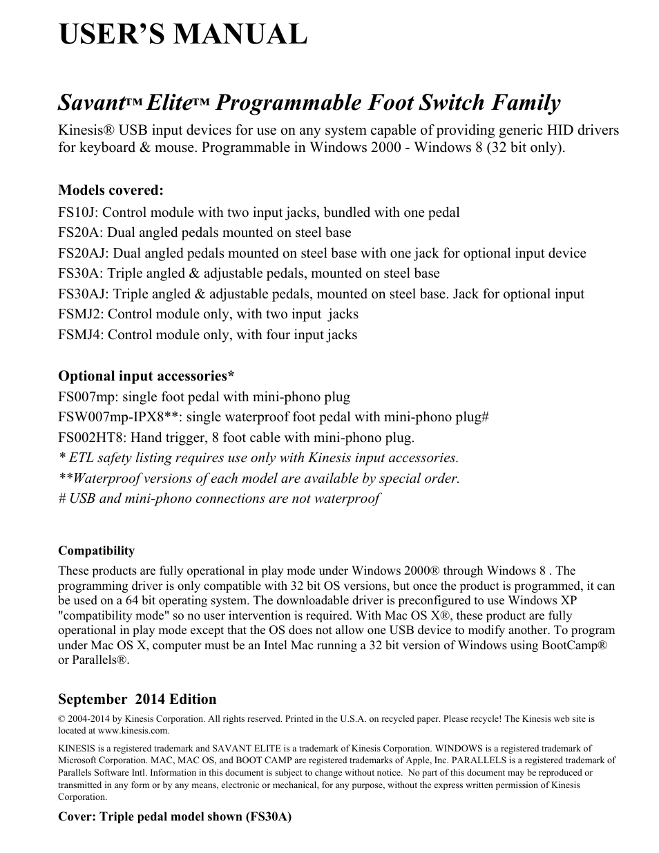 User’s manual, Savant, Elite | Programmable foot switch family | Kinesis FSMJ4 Savant Elite Programmable Foot Pedal User Manual | Page 3 / 28