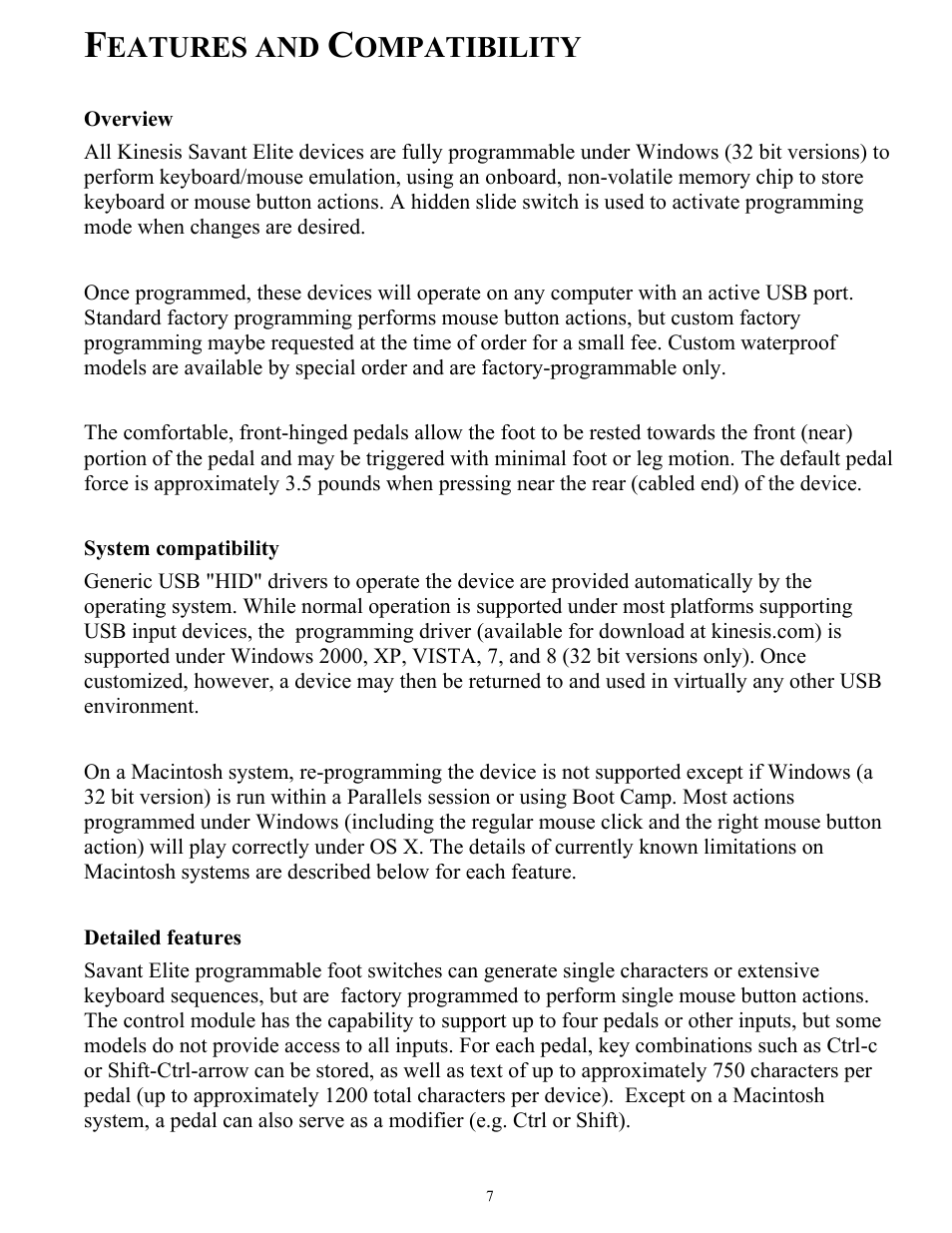 Eatures and, Ompatibility | Kinesis FSMJ4 Savant Elite Programmable Foot Pedal User Manual | Page 7 / 28