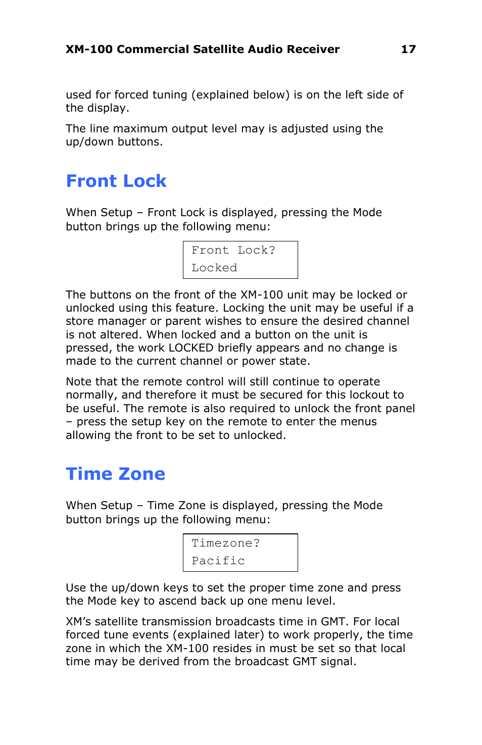 Front lock, Time zone | Antex electronic XM-100 User Manual | Page 17 / 26