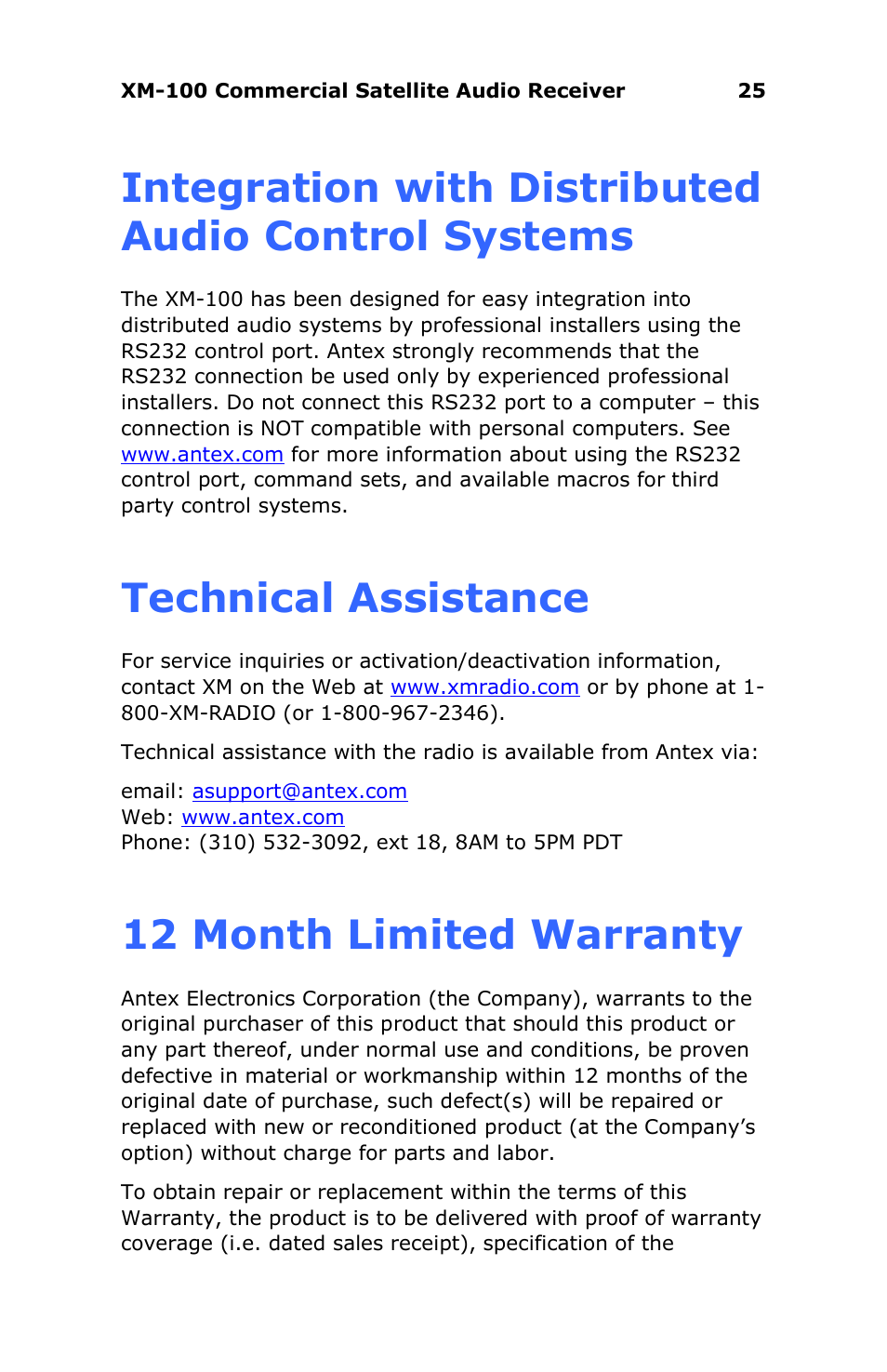Integration with distributed audio control systems, Technical assistance, 12 month limited warranty | Antex electronic XM-100 User Manual | Page 25 / 26
