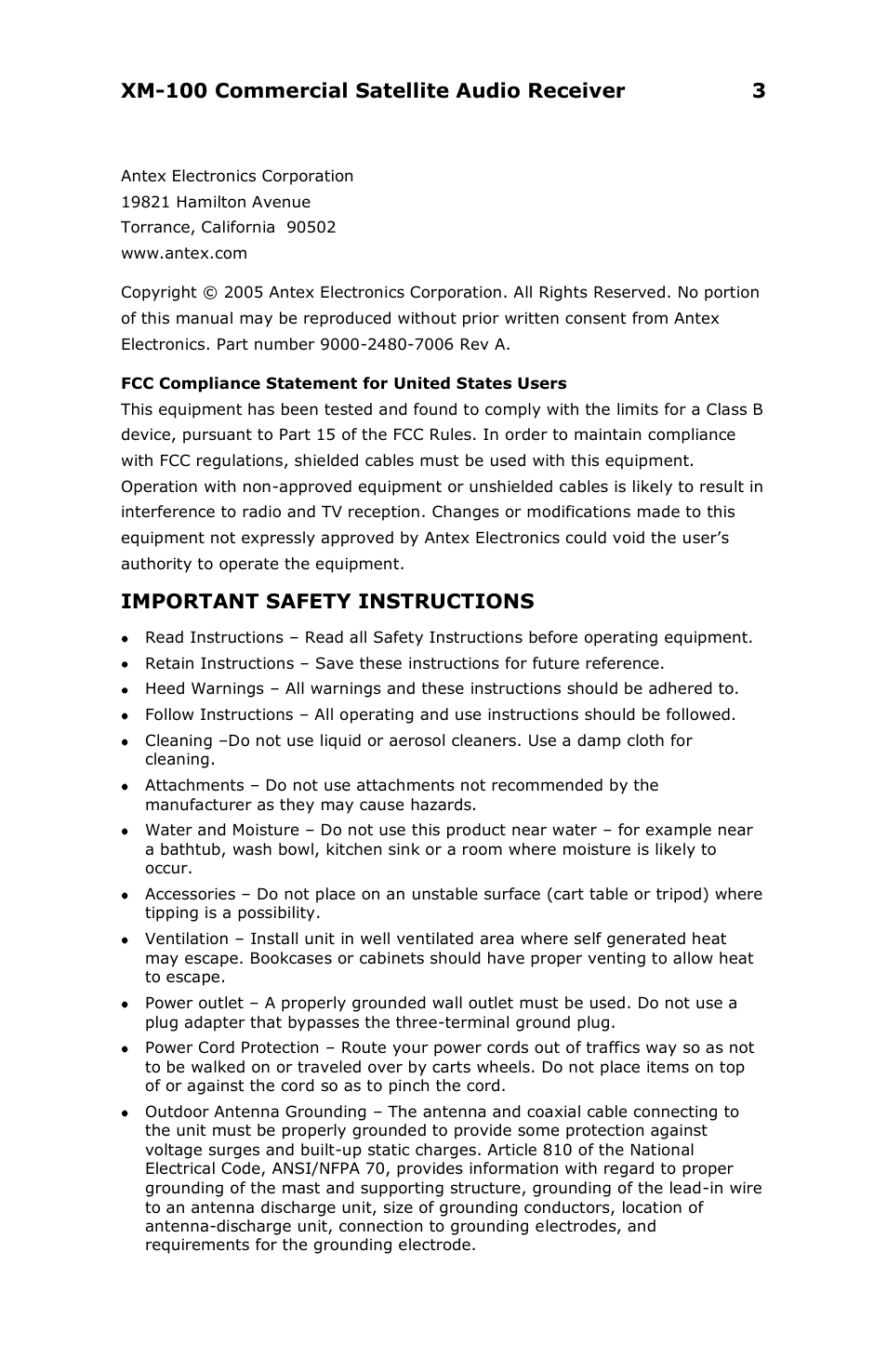 Xm-100 commercial satellite audio receiver 3, Important safety instructions | Antex electronic XM-100 User Manual | Page 3 / 26