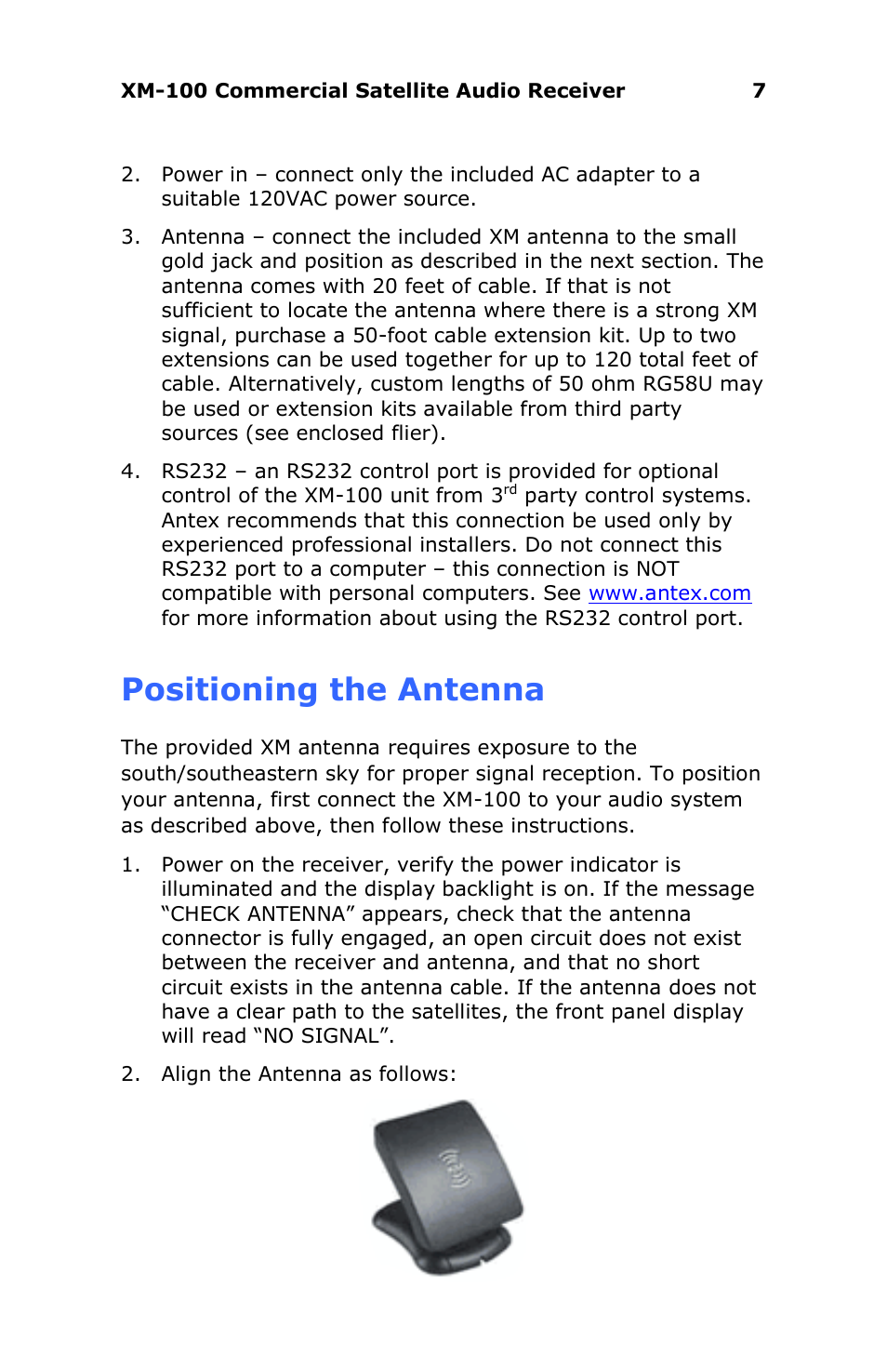 Positioning the antenna | Antex electronic XM-100 User Manual | Page 7 / 26