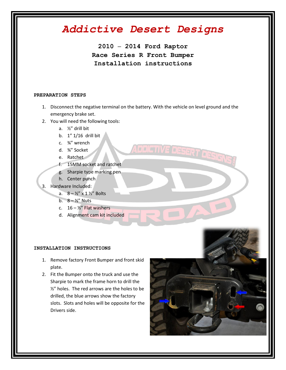 Addictive Desert Designs 2009 - 2013 F-150/Raptor Race Series R Front Bumper User Manual | 3 pages