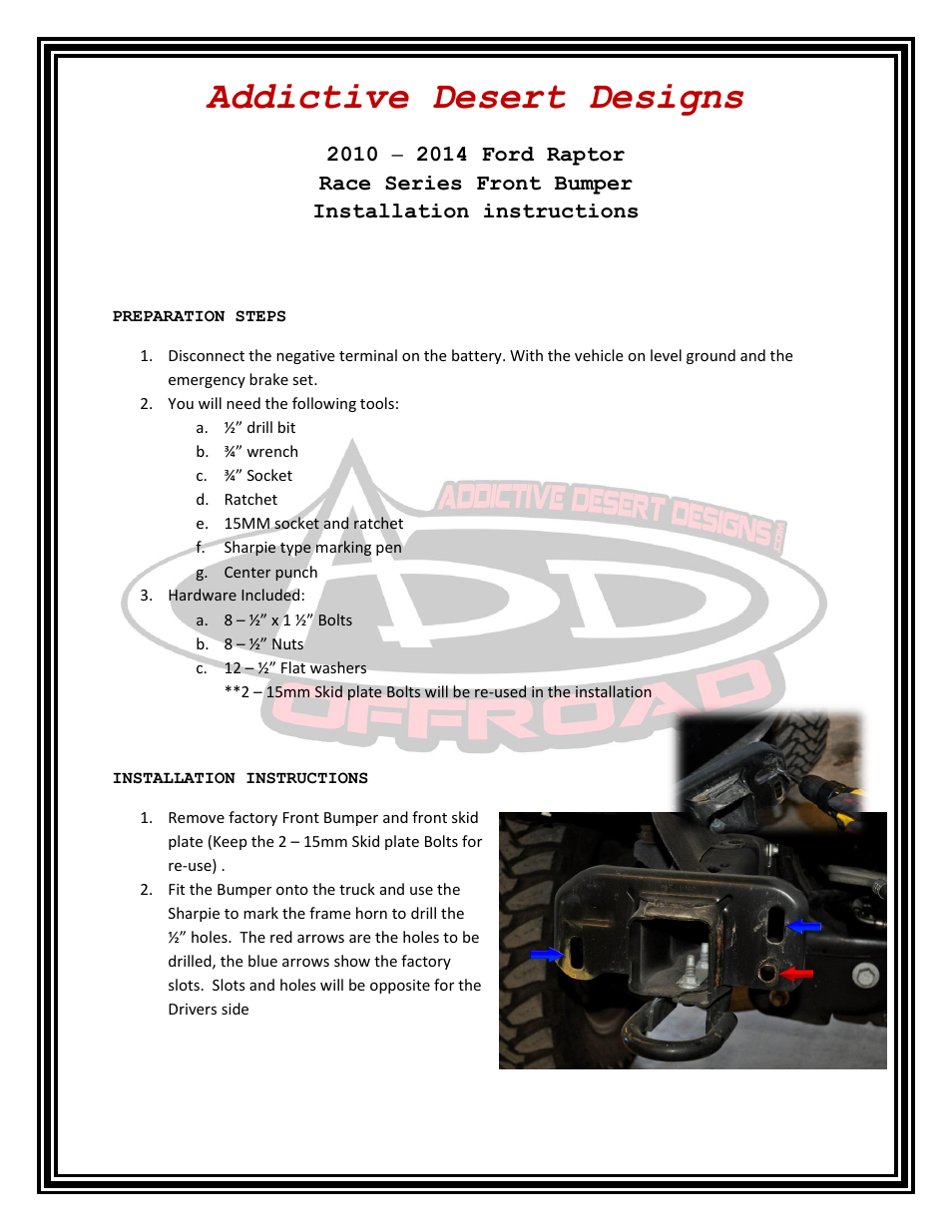 Addictive Desert Designs 2009 - 2013 F-150/Raptor Race Series Front Bumper User Manual | 3 pages